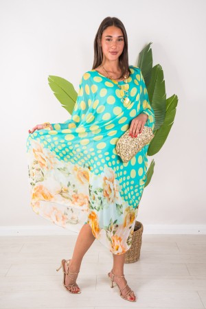 Vestido polvosamente polvo polvaco con vestido de impresión floral Polka polka polka con fondo floral estampado de impresión pol