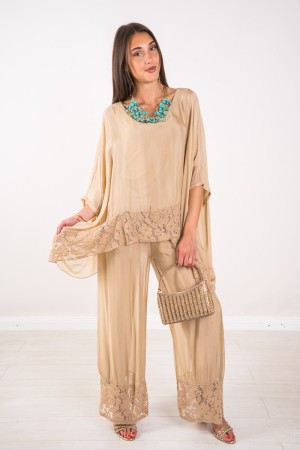 Coordinated Melany Blouse and Trousers with Lace Embroidery on the Background Melany Blouse and Trousers with Lace Embroidery on