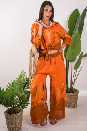 Coordinated Linen Linen Shirt and Trousers with Abstract Fantasy Coordinated Linen Linen Shirt And Trousers With Fantasy ...