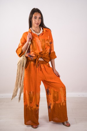 Coordinated Linen Linen Shirt and Trousers with Abstract Fantasy Coordinated Linen Linen Shirt And Trousers With Fantasy ...