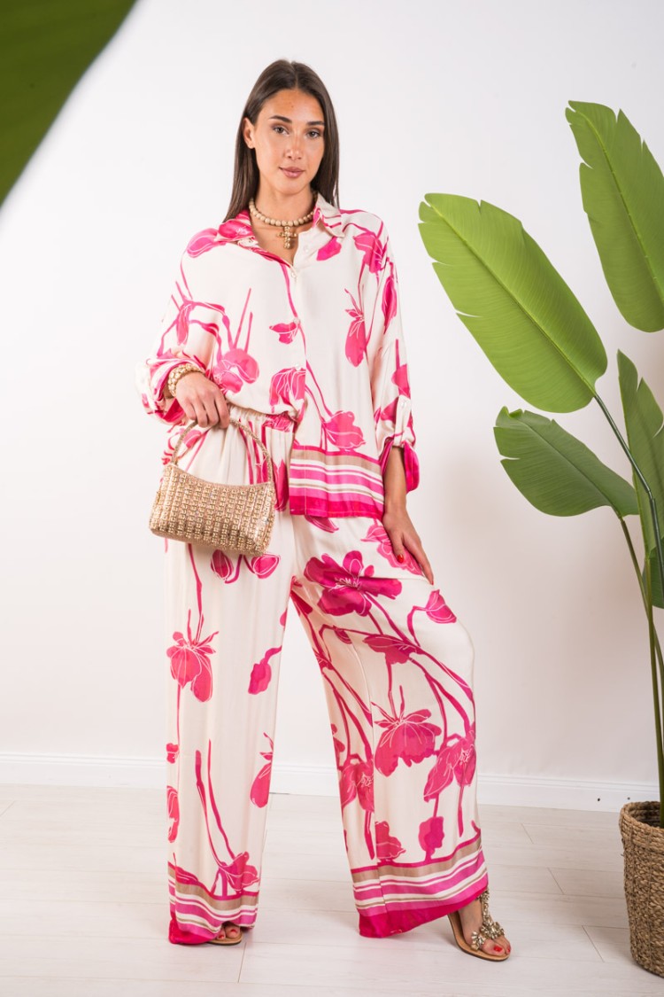 Coordinated lily shirt and trousers with flower print and lines on the coordinated bottom lily shirt and trousers with print fi 