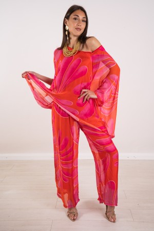 coordinated Veronica in silk blouse and fantasy pants 
