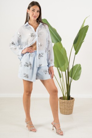 coordinato lina camicia e pantaloncino con decori argento  coordinato lina camicia e pantaloncino con decori argento  coordin...