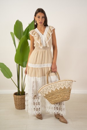 vestido de huismo con encaje a rayas y revestimientos de cuento de hadas con encaje a rayas y vestido de cuento de hadas con enc