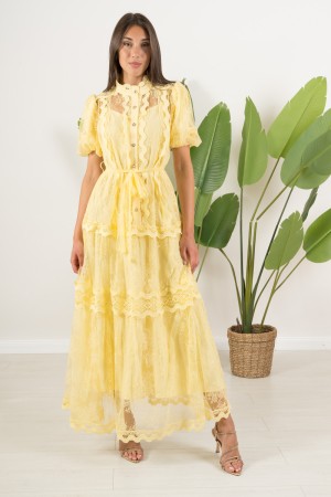 Robe longue mimosa En dentelle avec une robe longue des manches bouffantes mimosa En dentelle avec une robe longue des manches b