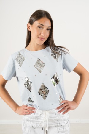 rombi-Baumwoll-T-Shirt mit Rhinestone-Rombi-Baumwoll-T-Shirt mit Rhinestone-Rombi-Baumwoll-T-Shirt mit Strasssteinen