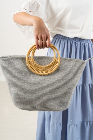 Lurex Mina Strohbeutel mit kreisförmigem Griff Holztasche Mina Stroh Lurex mit kreisförmigem Griff Holztasche Mina Stroh lur ...