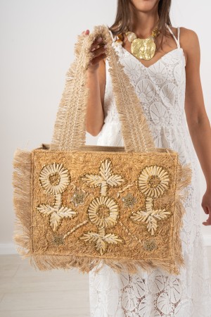 Salento straw bag with beads and fringes Salento bag of straw square with beads and fringes Salenti bag ...