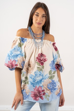 blusa musa con arriccio spalle e manica a sbuffo fantasia fiori  blusa musa con arriccio spalle e manica a sbuffo fantasia fi...