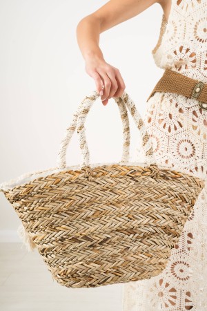 bolso Frenta de paja y perlas Bebé de paja Beige Fringes y Pearls Beige Bolsa de paja Fringes y Perlas Beige
