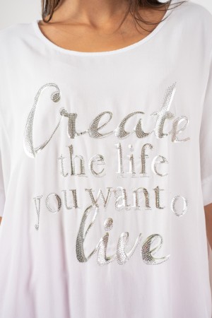 rosaria Curvy T-shirt with Rhinestones and Front Written Rosaria Curvy T-shirt with Rhinestone and Front Written Rosaria T-shirt