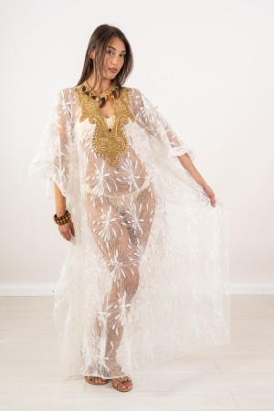 Light lace caftan model dress with sequins V-neck with rhinestones and light points