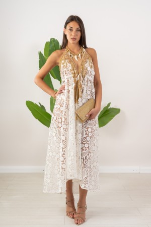 Abito Lea in pizzo con paillettes allacciatura al collo  Abito Lea in pizzo con paillettes allacciatura al collo  Abito Lea i...