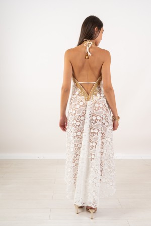 Abito Lea in pizzo con paillettes allacciatura al collo  Abito Lea in pizzo con paillettes allacciatura al collo  Abito Lea i...