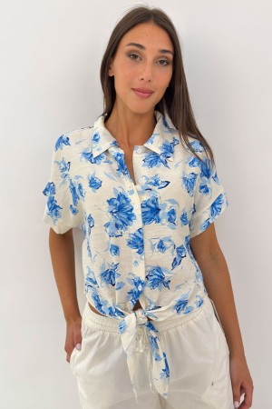 Camicia Blue con nodo in vita e fantasia floreale Camicia Blue con nodo in vita e fantasia floreale Camicia Blue con nodo in ...