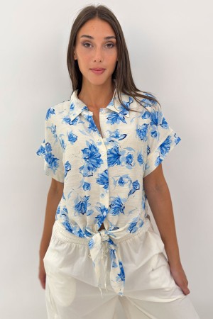 Camicia Blue con nodo in vita e fantasia floreale Camicia Blue con nodo in vita e fantasia floreale Camicia Blue con nodo in ...