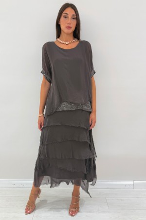 Amara Robe longue Barcelone avec manches courtes avec des floues et des paillettes Viscose Amara Robe longue Barcelone avec mani