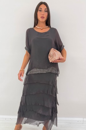 Amara Robe longue Barcelone avec manches courtes avec des floues et des paillettes Viscose Amara Robe longue Barcelone avec mani
