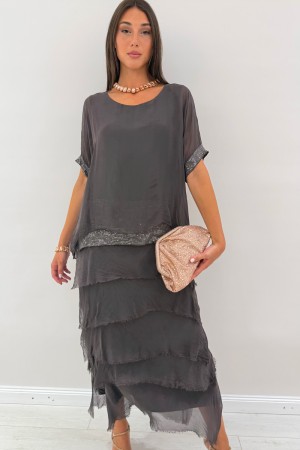 Amara Robe longue Barcelone avec manches courtes avec des floues et des paillettes Viscose Amara Robe longue Barcelone avec mani