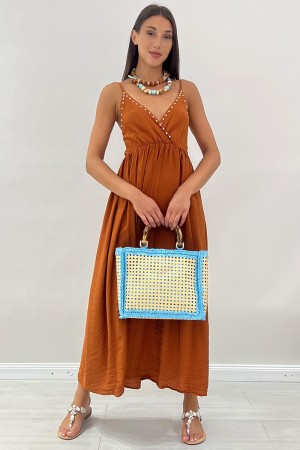 Long dress Desire with V-neck embellished with round studs silver long dress Desire with V-neck embellished with ...