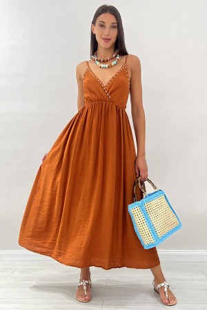 Long dress Desire with V-neck embellished with round studs silver long dress Desire with V-neck embellished with ...