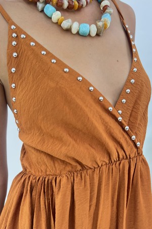 Long dress Desire with V-neck embellished with round studs silver long dress Desire with V-neck embellished with ...