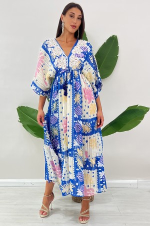 Abito lungo Hafi boho-glam con scollo a V arricchito da applicazioni floreali e paillettes Abito lungo Hafi boho-glam con sco...