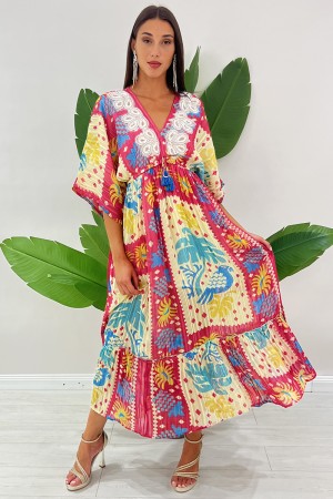 Abito lungo Hafi boho-glam con scollo a V arricchito da applicazioni floreali e paillettes Abito lungo Hafi boho-glam con sco...