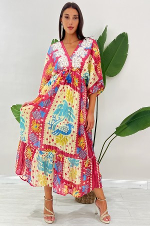 Abito lungo Hafi boho-glam con scollo a V arricchito da applicazioni floreali e paillettes Abito lungo Hafi boho-glam con sco...
