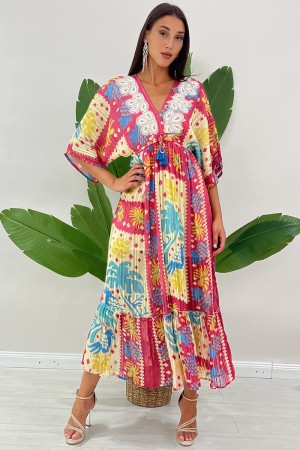 Long Hafi Boho-Glam dress with V-neck enriched with floral applications and sequins long Hafi boho-glam dress with sc ... \ t.
