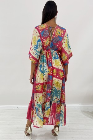 Abito lungo Hafi boho-glam con scollo a V arricchito da applicazioni floreali e paillettes Abito lungo Hafi boho-glam con sco...