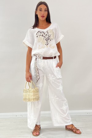 Pantalone Silk con ricami floreali e cinta  Pantalone Silk con ricami floreali e cinta  Pantalone Silk con ricami floreali e ...