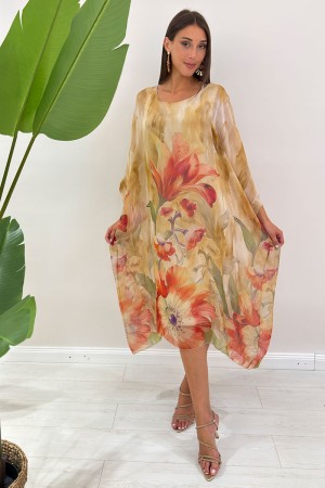 Amara Langer Pfingstrose Kleid Kaffee-Hals-Cftane-Muster mit Seide und Viskose-Fantasie Amara Lange Pfingstrose Kleid Modell Caf