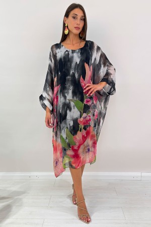 Amara Patrón de copa de cuello de café de color larga de peonía con seda y viscosa fantasía Amara Vestido de peonía larga modelo