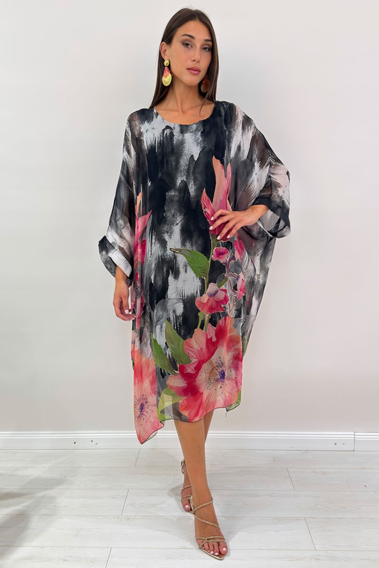 Amara Patrón de copa de cuello de café de color larga de peonía con seda y viscosa fantasía Amara Vestido de peonía larga modelo