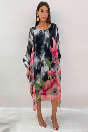Amara Patrón de copa de cuello de café de color larga de peonía con seda y viscosa fantasía Amara Vestido de peonía larga modelo