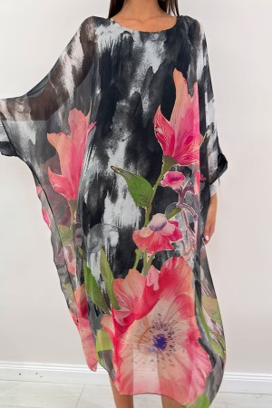 Amara Long peony dress Coffee-neck cftane pattern with silk and viscose fantasy Amara Long peony dress model Caftan gi ...