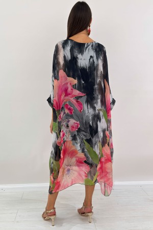 Amara Long peony dress Coffee-neck cftane pattern with silk and viscose fantasy Amara Long peony dress model Caftan gi ...