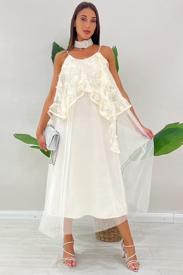 Crema de vestir larga en tul bordado Vestido largo Crema en tul bordado Vestido largo Crema en tul bordado