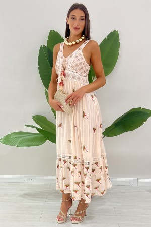 Abito lungo Pesca boho con inserti specchio perline e tulipani Abito lungo Pesca boho con inserti specchio perline e tulipani...