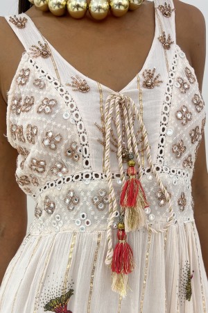 Abito lungo Pesca boho con inserti specchio perline e tulipani Abito lungo Pesca boho con inserti specchio perline e tulipani...