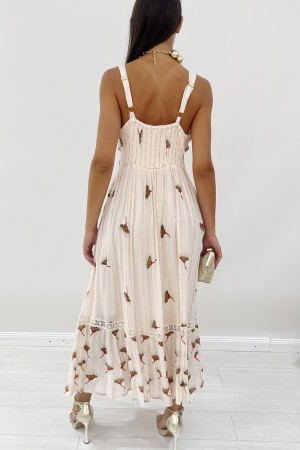 Robe longue Boho Pêche avec miroir Inserts Perles et tulipes Robe longue Boho Pêche à la pêche en miroir Perles et tulipes ...