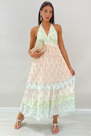 Abito lungo Bijou con scollo all'americana con cuori stilizzati Abito lungo Bijou con scollo all'americana con cuori stilizza...