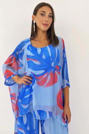 Coordinato Lella in seta blusa e pantalone con fantasia botanica  Coordinato Lella in seta blusa e pantalone con fantasia bot...