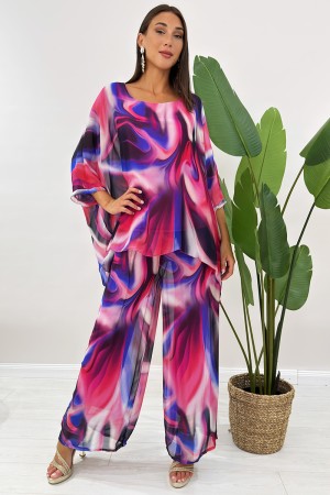 Coordinato Romi in seta blusa e pantalone con fantasia astratta Coordinato Romi in seta blusa e pantalone con fantasia astrat...