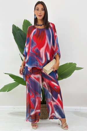 Coordinato Romi in seta blusa e pantalone con fantasia astratta Coordinato Romi in seta blusa e pantalone con fantasia astrat...