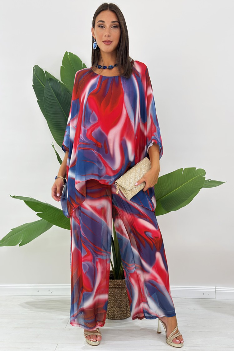 ROMI coordinated in silk blouse and trousers with abstract fantasy coordinated ROMI in silk blouse and trousers with fantasy Ast