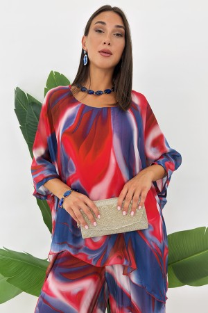 ROMI coordinated in silk blouse and trousers with abstract fantasy coordinated ROMI in silk blouse and trousers with fantasy Ast