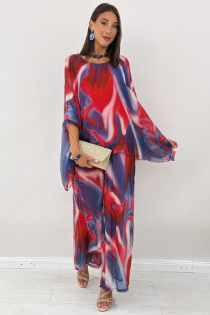 ROMI coordinated in silk blouse and trousers with abstract fantasy coordinated ROMI in silk blouse and trousers with fantasy Ast