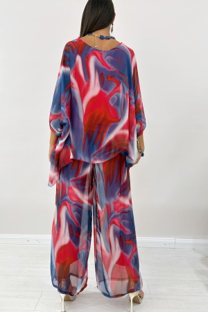 Coordinato Romi in seta blusa e pantalone con fantasia astratta Coordinato Romi in seta blusa e pantalone con fantasia astrat...